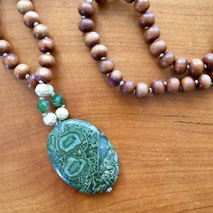 Green Jasper Stone and Sandalwood Bead Mala Necklace